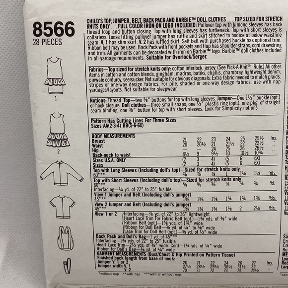 Simplicity 8566 Barbie Doll & Girls Clothing Sewing Pattern Uncut Sizes 2-4 - Picture 6 of 14